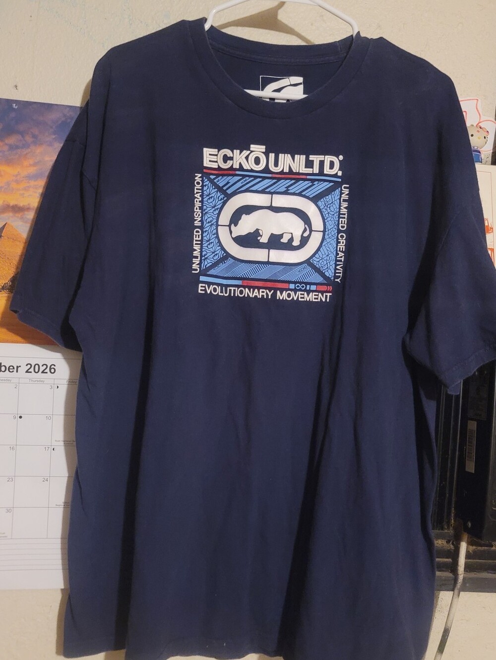 Vintage Ecko Unltd Navy Short Sleeve Tee with White and Light Blue Graphic